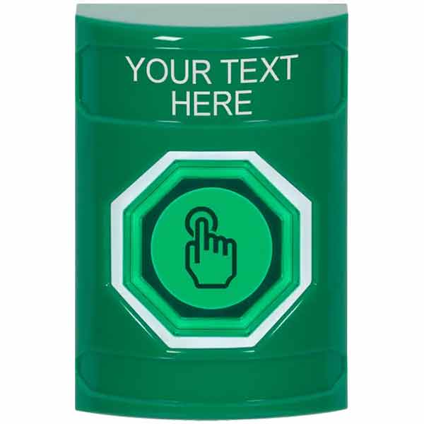 SS2106ZA-EN STI Green No Cover Momentary (Illuminated) with Green Lens Stopper Station with Non-Returnable Custom Text Label English
