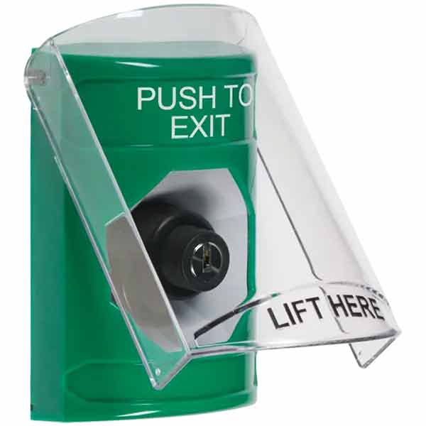 SS2123PX-EN STI Green Indoor Only Flush or Surface Cover Key-to-Activate Stopper Station with PUSH TO EXIT Label English