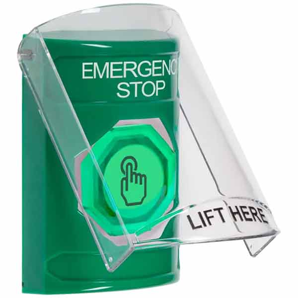 SS2126ES-EN STI Green Indoor Only Flush or Surface Cover Momentary (Illuminated) with Green Lens Stopper Station with EMERGENCY STOP Label English