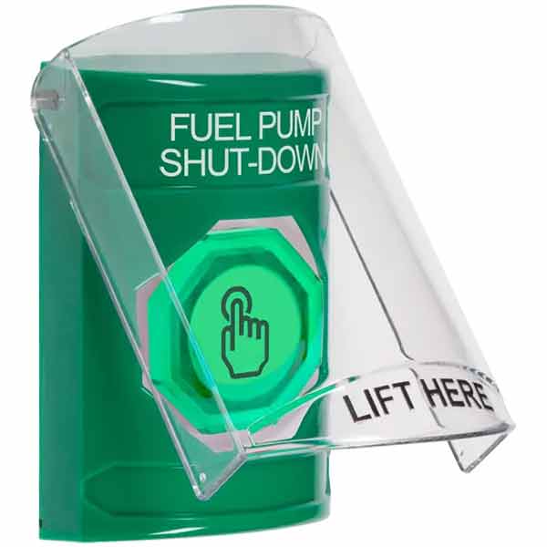 SS2126PS-EN STI Green Indoor Only Flush or Surface Cover Momentary (Illuminated) with Green Lens Stopper Station with FUEL PUMP SHUT DOWN Label English