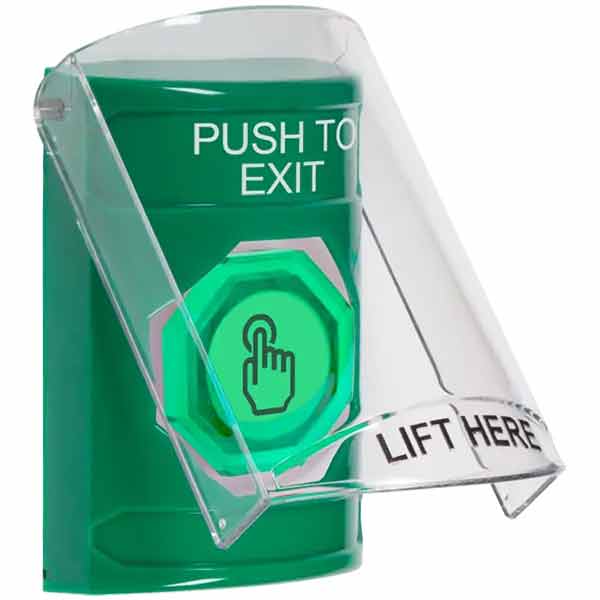 SS2126PX-EN STI Green Indoor Only Flush or Surface Cover Momentary (Illuminated) with Green Lens Stopper Station with PUSH TO EXIT Label English