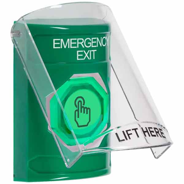 SS2127EX-EN STI Green Indoor Only Flush or Surface Cover Weather Resistant Momentary (Illuminated) with Green Lens Stopper Station with EMERGENCY EXIT Label English