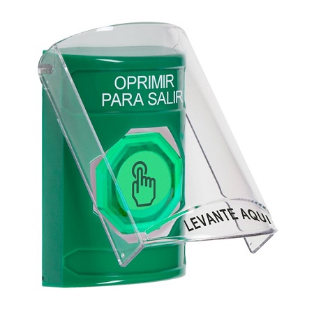 SS2127PX-ES STI Green Indoor Only Flush or Surface Cover Weather Resistant Momentary (Illuminated) with Green Lens Stopper Station with PUSH TO EXIT Label Spanish