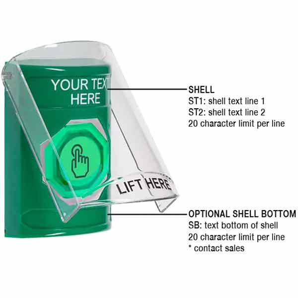 SS2127ZA-EN STI Green Indoor Only Flush or Surface Cover Weather Resistant Momentary (Illuminated) with Green Lens Stopper Station with Non-Returnable Custom Text Label English