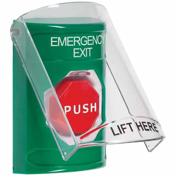 SS2128EX-EN STI Green Indoor Only Flush or Surface Cover Pneumatic (Illuminated) Stopper Station with EMERGENCY EXIT Label English