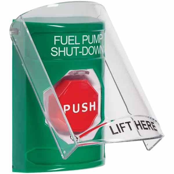 SS2129PS-EN STI Green Indoor Only Flush or Surface Cover Turn-to-Reset (Illuminated) Stopper Station with FUEL PUMP SHUT DOWN Label English