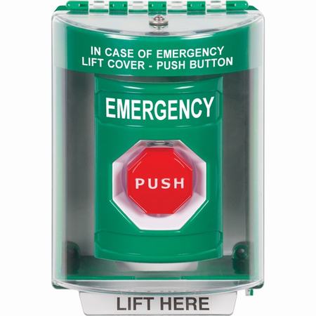 SS2188EM-EN STI Green Indoor/Outdoor Surface w/ Horn Pneumatic (Illuminated) Stopper Station with EMERGENCY Label English