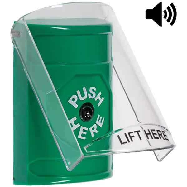SS21A0NT-EN STI Green Indoor Only Flush or Surface Cover w/ Horn Key-to-Reset Stopper Station with No Text Label English