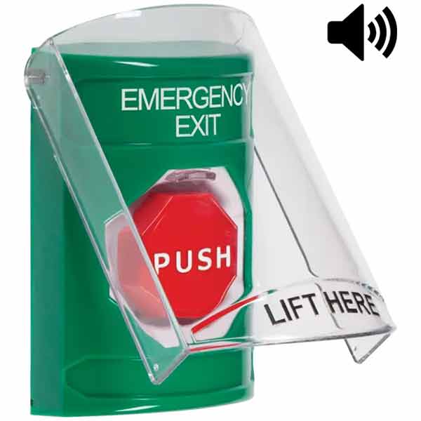 SS21A2EX-EN STI Green Indoor Only Flush or Surface Cover w/ Horn Key-to-Reset (Illuminated) Stopper Station with EMERGENCY EXIT Label English