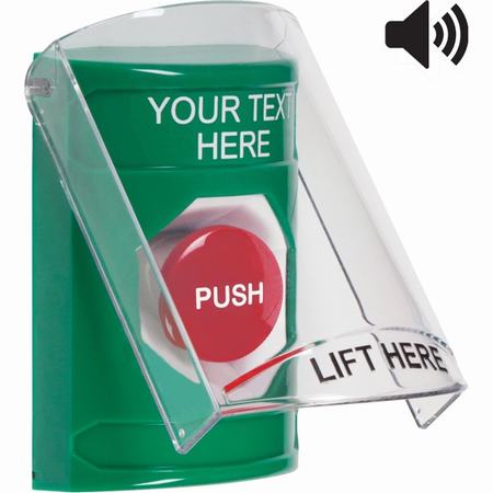 SS21A4ZA-EN STI Green Indoor Only Flush or Surface Cover w/ Horn Momentary Stopper Station with Non-Returnable Custom Text Label English