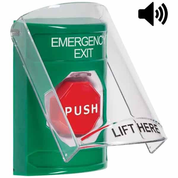 SS21A5EX-EN STI Green Indoor Only Flush or Surface Cover w/ Horn Momentary (Illuminated) Stopper Station with EMERGENCY EXIT Label English