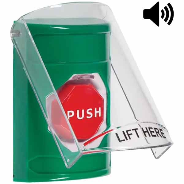 SS21A5NT-EN STI Green Indoor Only Flush or Surface Cover w/ Horn Momentary (Illuminated) Stopper Station with No Text Label English