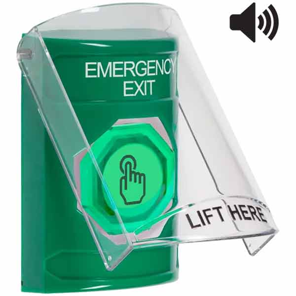 SS21A7EX-EN STI Green Indoor Only Flush or Surface Cover w/ Horn Weather Resistant Momentary (Illuminated) with Green Lens Stopper Station with EMERGENCY EXIT Label English
