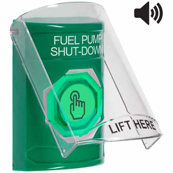 SS21A7PS-EN STI Green Indoor Only Flush or Surface Cover w/ Horn Weather Resistant Momentary (Illuminated) with Green Lens Stopper Station with FUEL PUMP SHUT DOWN Label English