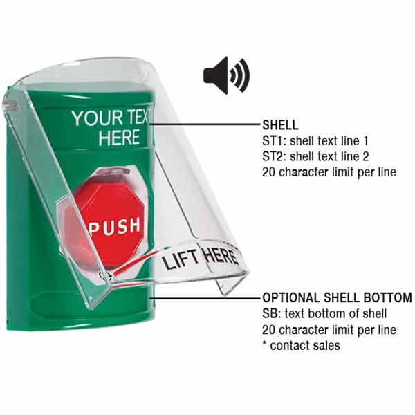 SS21A9ZA-EN STI Green Indoor Only Flush or Surface Cover w/ Horn Turn-to-Reset (Illuminated) Stopper Station with Non-Returnable Custom Text Label English