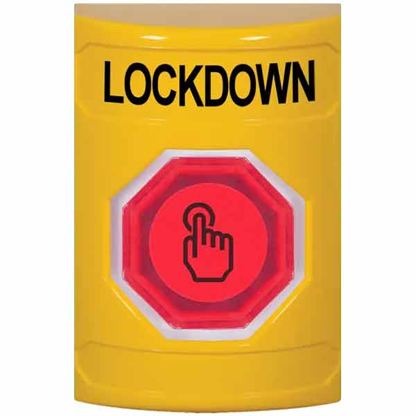 SS2207LD-EN STI Yellow No Cover Weather Resistant Momentary (Illuminated) with Red Lens Stopper Station with LOCKDOWN Label English