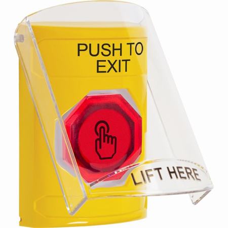 SS2226PX-EN STI Yellow Indoor Only Flush or Surface Cover Momentary (Illuminated) with Red Lens Stopper Station with PUSH TO EXIT Label English