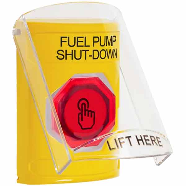 SS2227PS-EN STI Yellow Indoor Only Flush or Surface Cover Weather Resistant Momentary (Illuminated) with Red Lens Stopper Station with FUEL PUMP SHUT DOWN Label English