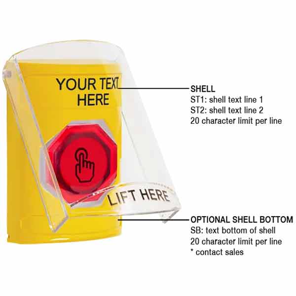 SS2227ZA-EN STI Yellow Indoor Only Flush or Surface Cover Weather Resistant Momentary (Illuminated) with Red Lens Stopper Station with Non-Returnable Custom Text Label English