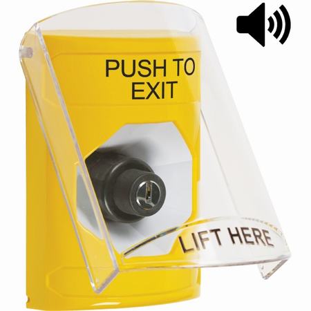 SS22A3PX-EN STI Yellow Indoor Only Flush or Surface Cover w/ Horn Key-to-Activate Stopper Station with PUSH TO EXIT Label English