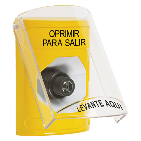 SS22A3PX-ES STI Yellow Indoor Only Flush or Surface Cover w/ Horn Key-to-Activate Stopper Station with PUSH TO EXIT Label Spanish