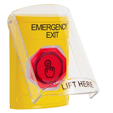 SS22A7EX-EN STI Yellow Indoor Only Flush or Surface Cover w/ Horn Weather Resistant Momentary (Illuminated) with Red Lens Stopper Station with EMERGENCY EXIT Label English