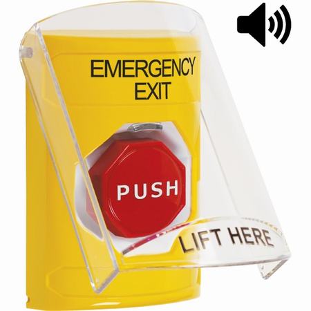 SS22A8EX-EN STI Yellow Indoor Only Flush or Surface Cover w/ Horn Pneumatic (Illuminated) Stopper Station with EMERGENCY EXIT Label English