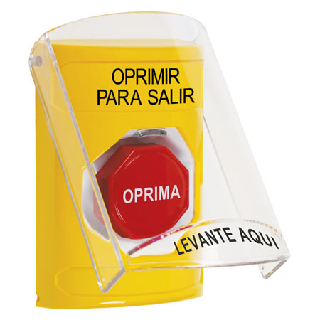 SS22A8PX-ES STI Yellow Indoor Only Flush or Surface Cover w/ Horn Pneumatic (Illuminated) Stopper Station with PUSH TO EXIT Label Spanish
