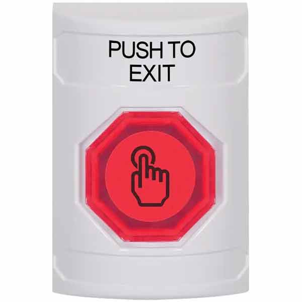 SS2307PX-EN STI White No Cover Weather Resistant Momentary (Illuminated) with Red Lens Stopper Station with PUSH TO EXIT Label English