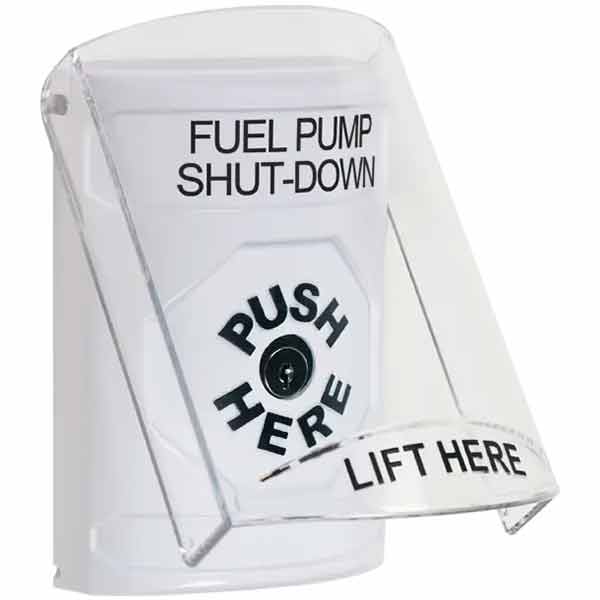 SS2320PS-EN STI White Indoor Only Flush or Surface Cover Key-to-Reset Stopper Station with FUEL PUMP SHUT DOWN Label English