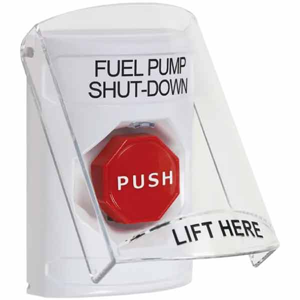SS2322PS-EN STI White Indoor Only Flush or Surface Cover Key-to-Reset (Illuminated) Stopper Station with FUEL PUMP SHUT DOWN Label English