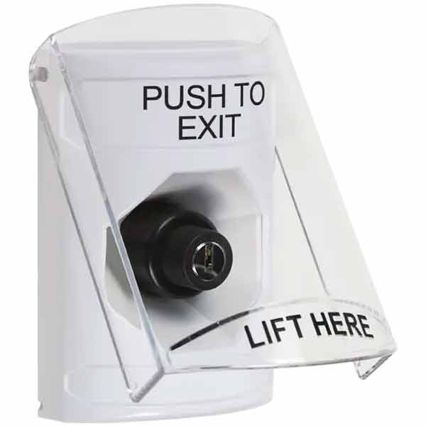 SS2323PX-EN STI White Indoor Only Flush or Surface Cover Key-to-Activate Stopper Station with PUSH TO EXIT Label English