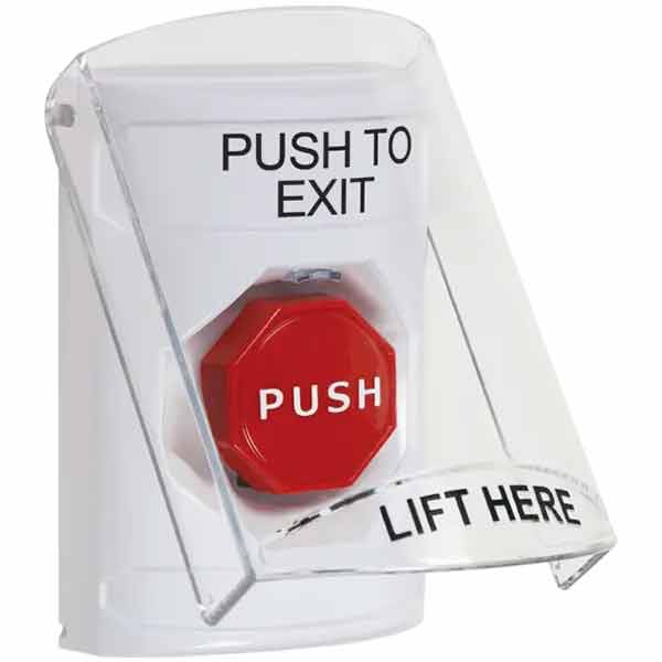 SS2325PX-EN STI White Indoor Only Flush or Surface Cover Momentary (Illuminated) Stopper Station with PUSH TO EXIT Label English