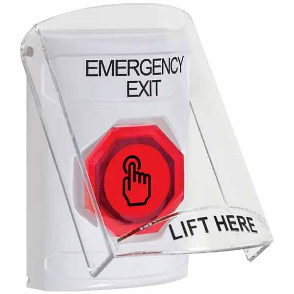 SS2326EX-EN STI White Indoor Only Flush or Surface Cover Momentary (Illuminated) with Red Lens Stopper Station with EMERGENCY EXIT Label English