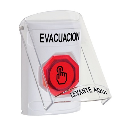 SS2327EV-ES STI White Indoor Only Flush or Surface Cover Weather Resistant Momentary (Illuminated) with Red Lens Stopper Station with EVACUATION Label Spanish