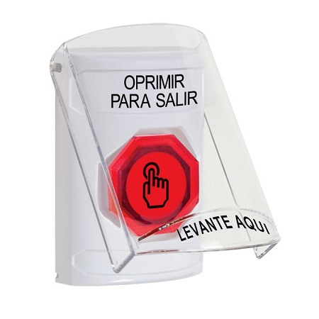 SS2327PX-ES STI White Indoor Only Flush or Surface Cover Weather Resistant Momentary (Illuminated) with Red Lens Stopper Station with PUSH TO EXIT Label Spanish