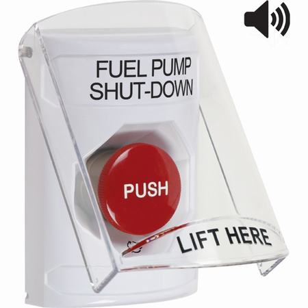 SS23A1PS-EN STI White Indoor Only Flush or Surface Cover w/ Horn Turn-to-Reset Stopper Station with FUEL PUMP SHUT DOWN Label English