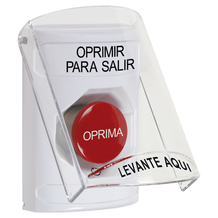 SS23A1PX-ES STI White Indoor Only Flush or Surface Cover w/ Horn Turn-to-Reset Stopper Station with PUSH TO EXIT Label Spanish