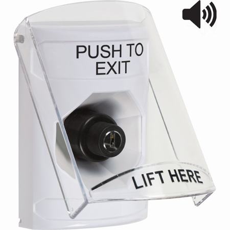SS23A3PX-EN STI White Indoor Only Flush or Surface Cover w/ Horn Key-to-Activate Stopper Station with PUSH TO EXIT Label English