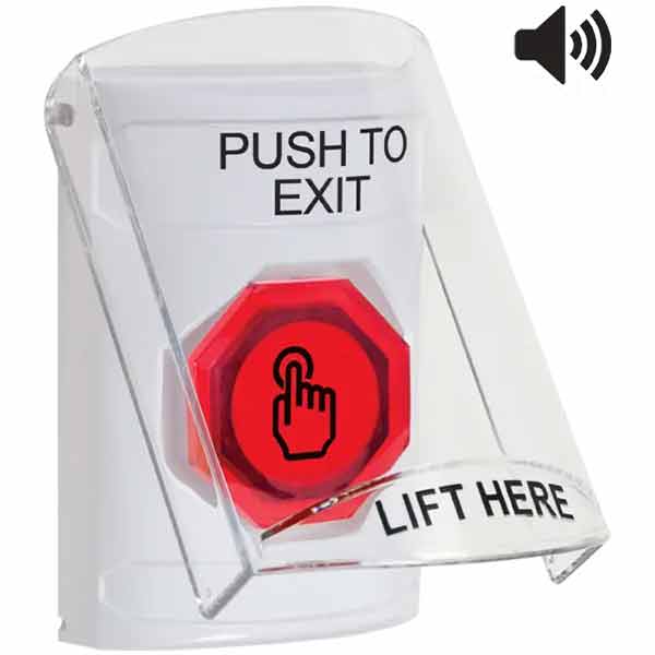 SS23A6PX-EN STI White Indoor Only Flush or Surface Cover w/ Horn Momentary (Illuminated) with Red Lens Stopper Station with PUSH TO EXIT Label English