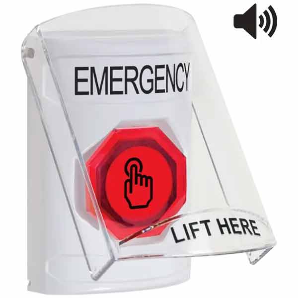 SS23A7EM-EN STI White Indoor Only Flush or Surface Cover w/ Horn Weather Resistant Momentary (Illuminated) with Red Lens Stopper Station with EMERGENCY Label English