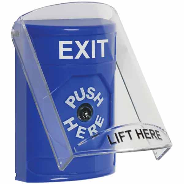 SS2420XT-EN STI Blue Indoor Only Flush or Surface Cover Key-to-Reset Stopper Station with EXIT Label English