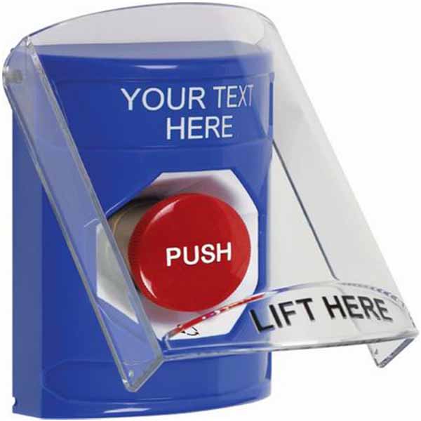SS2421ZA-FR STI Blue Indoor Only Flush or Surface Cover Turn-to-Reset Stopper Station with Non-Returnable Custom Text Label - French
