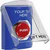 SS2421ZA-FR STI Blue Indoor Only Flush or Surface Cover Turn-to-Reset Stopper Station with Non-Returnable Custom Text Label - French