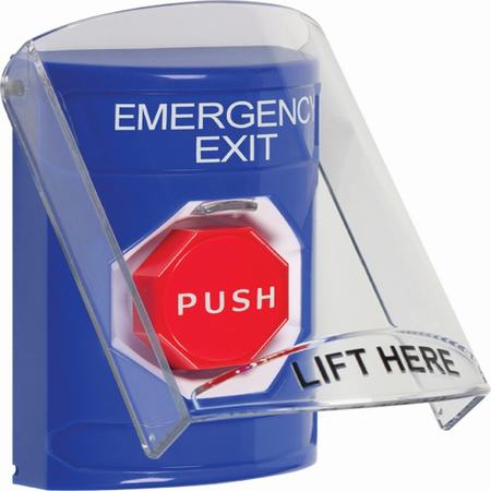 SS2422EX-EN STI Blue Indoor Only Flush or Surface Cover Key-to-Reset (Illuminated) Stopper Station with EMERGENCY EXIT Label English