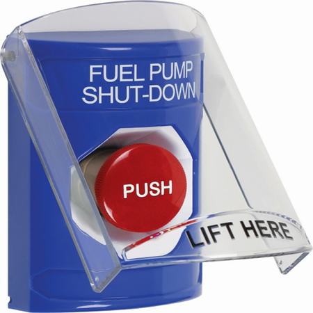 SS2424PS-EN STI Blue Indoor Only Flush or Surface Cover Momentary Stopper Station with FUEL PUMP SHUT DOWN Label English