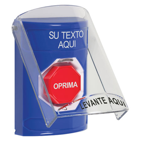 SS2429ZA-ES STI Blue Indoor Only Flush or Surface Cover Turn-to-Reset (Illuminated) Stopper Station with Non-Returnable Custom Text Label Spanish