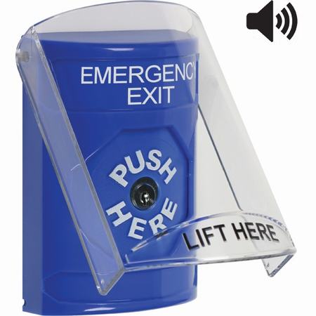 SS24A0EX-EN STI Blue Indoor Only Flush or Surface Cover w/ Horn Key-to-Reset Stopper Station with EMERGENCY EXIT Label English
