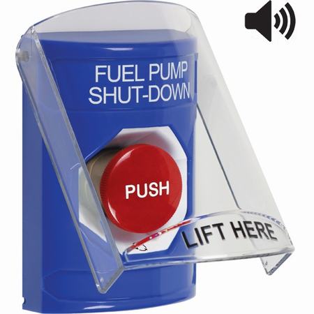 SS24A1PS-EN STI Blue Indoor Only Flush or Surface Cover w/ Horn Turn-to-Reset Stopper Station with FUEL PUMP SHUT DOWN Label English