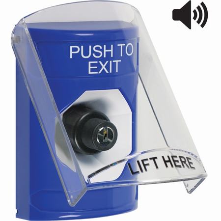 SS24A3PX-EN STI Blue Indoor Only Flush or Surface Cover w/ Horn Key-to-Activate Stopper Station with PUSH TO EXIT Label English